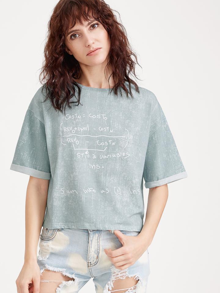 Romwe Blue Printed Slit Side High Low Cuffed T-shirt