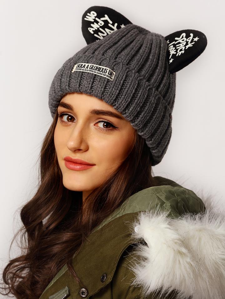 Romwe Ears Letter Print Sweater Hat