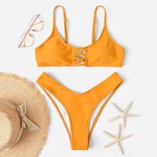 Romwe High Leg Criss Cross Plain Bikini Set