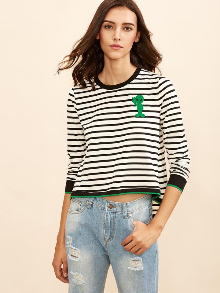 Romwe White Striped Ringer T-shirt With Alien Patch