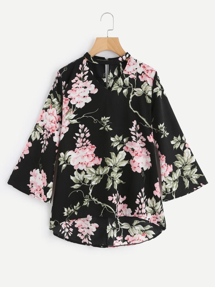 Romwe V Cut Floral Print Tie Back Top