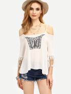 Romwe Cold Shoulder Fringe Sleeve Embroidery Top