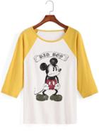 Romwe Raglan Sleeve Mickey Print Yellow T-shirt