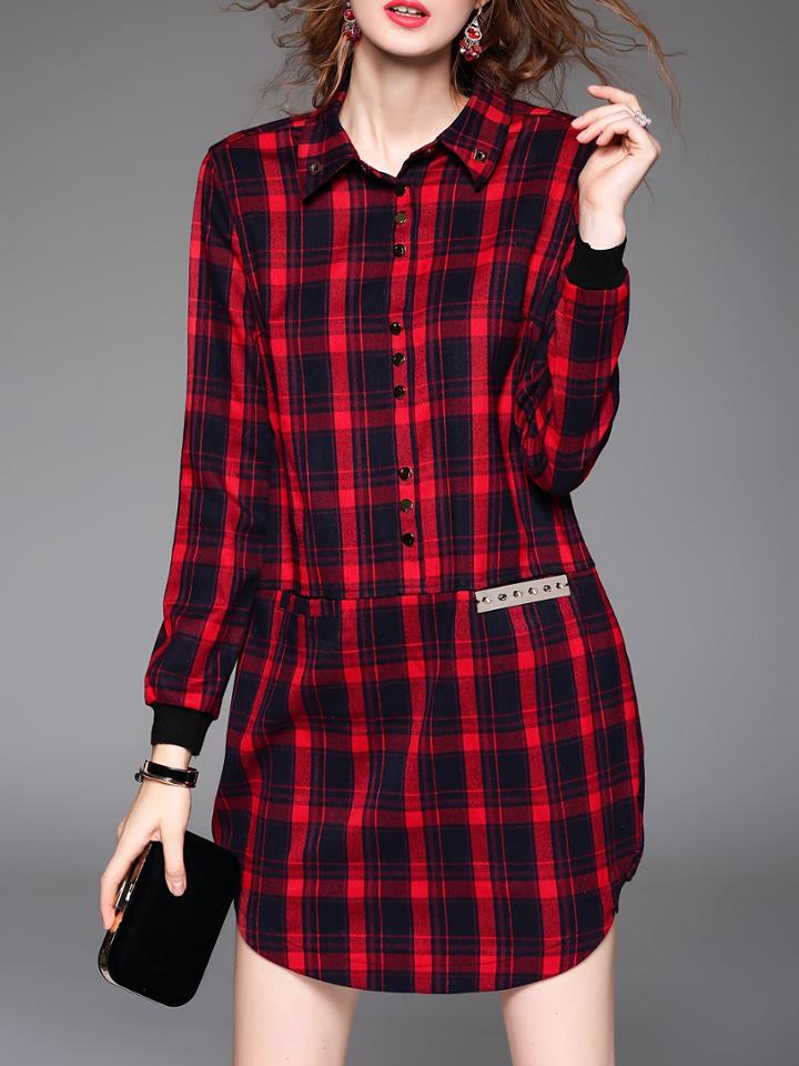 Romwe Red Lapel Check Print T-shirt Dress