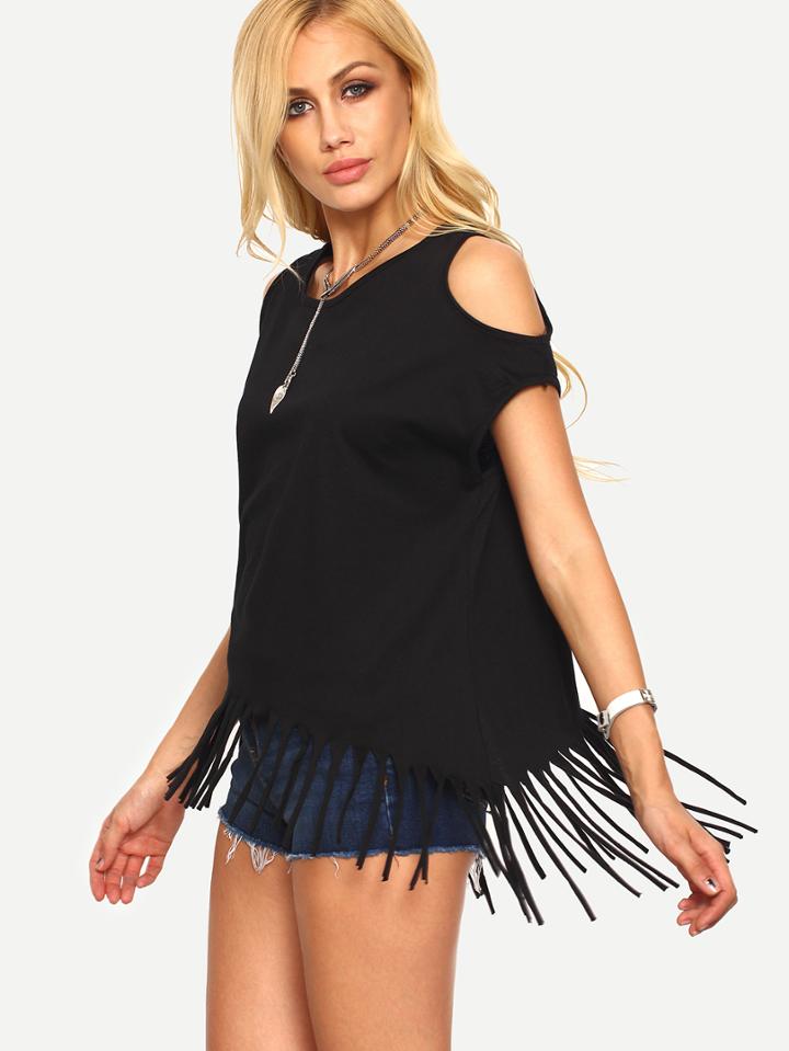 Romwe Cutout Shoulder Fringe T-shirt - Black