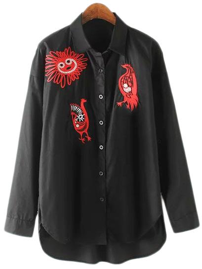 Romwe Black Long Sleeve Lapel Dip Hem Embroidery Blouse