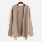 Romwe Plus Ripped Detail Solid Cardigan