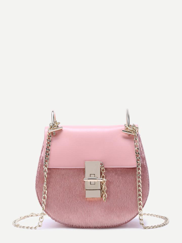 Romwe Pink Horse Hair Embellished Pu Saddle Bag With Chain Strap