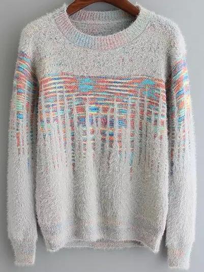 Romwe Women Long Sleeve Printed Grey Sweater