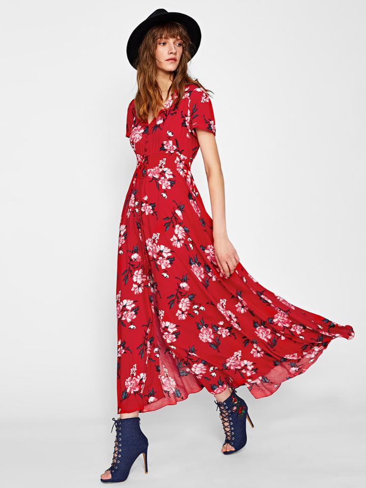 Romwe Tasseled Tie Smocked Waist Floral Dress