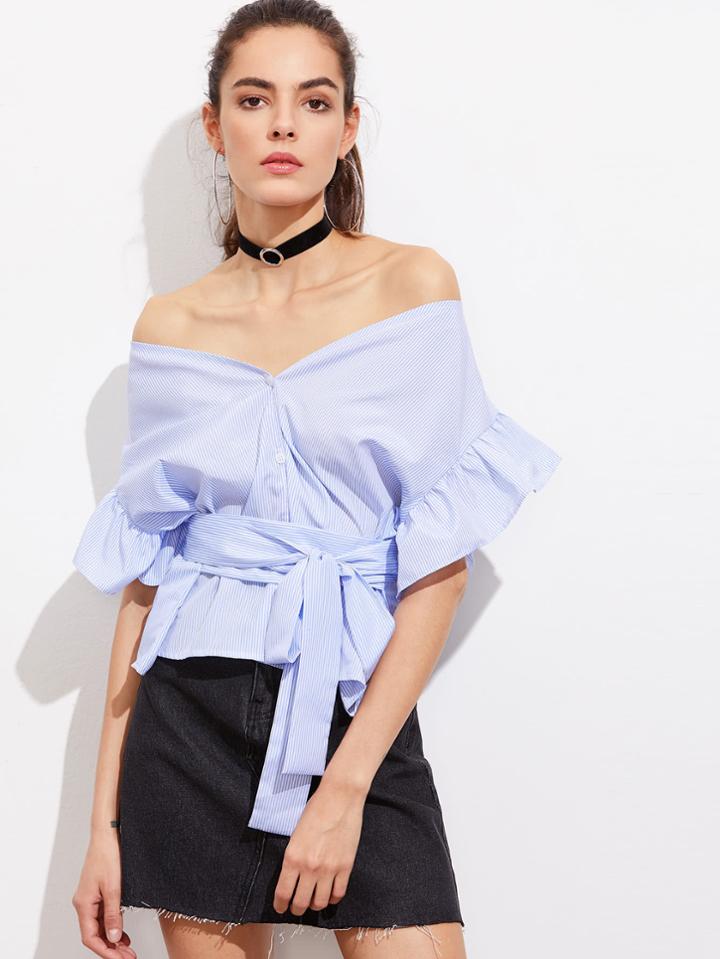 Romwe Button Front Frill Sleeve Striped V Bardot Top