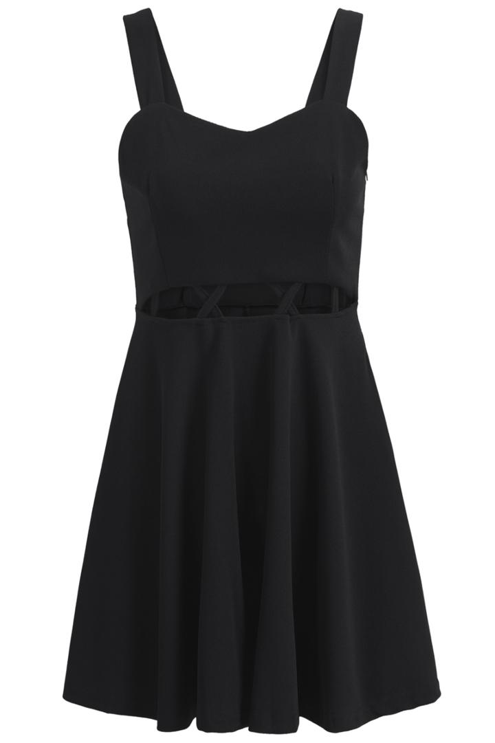 Romwe Spaghetti Strap With Zipper Hollow Black Dress