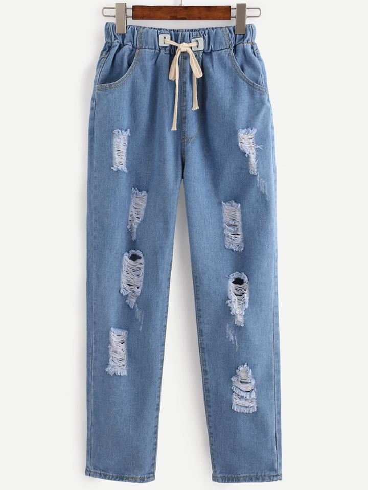 Romwe Blue Drawstring Waist Ripped Jeans
