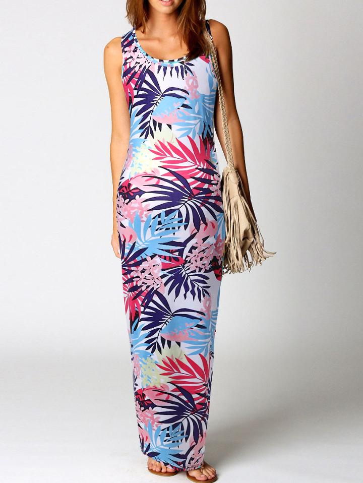 Romwe Sleeveless Leaves Print Slim Dress