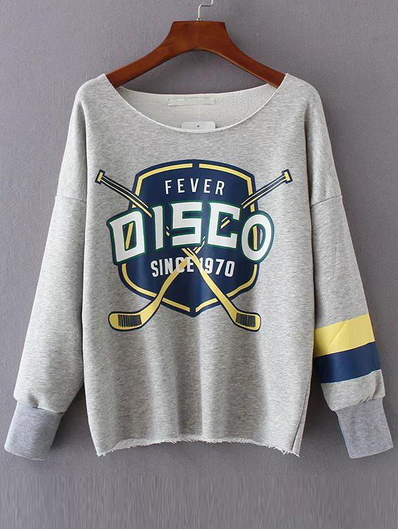 Romwe Grey Letter Print Raw Hem Sweatshirt