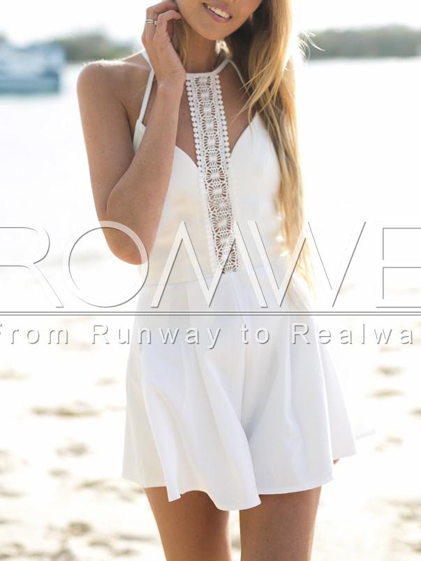 Romwe White Spaghetti Strap With Lace Playsuit