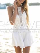 Romwe White Spaghetti Strap With Lace Playsuit