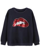 Romwe Navy Sequin Lip Print Sweatshirt