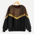 Romwe Contrast Leopard Drop Shoulder Sweatshirt