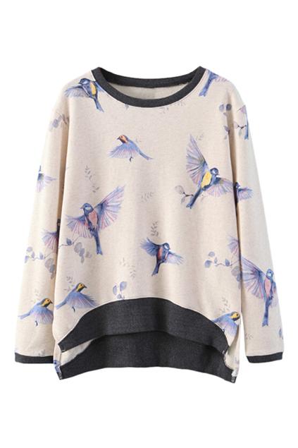 Romwe Flying Bird Print Arc Hem Sweatshirt