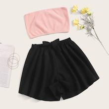 Romwe Rib Bandeau & Tie Waist Shorts Pj Set