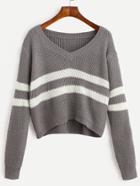 Romwe Grey Striped V Neck Crop Sweater