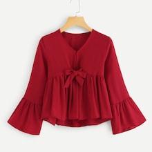 Romwe Knot Front V Neck Flounce Sleeve Blouse