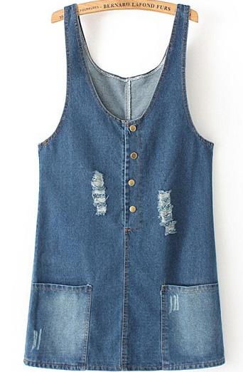 Romwe Scoop Neck Ripped With Pockets Blue Dress