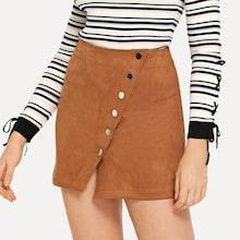 Romwe Single Breasted Solid Suede Skirt