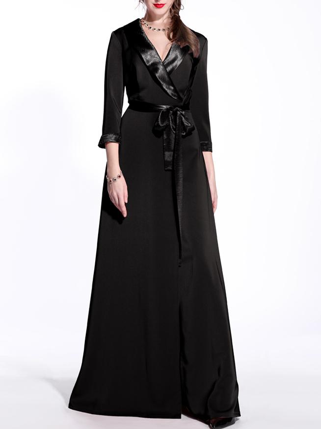 Romwe Black V Neck Tie-waist Split Maxi Dress