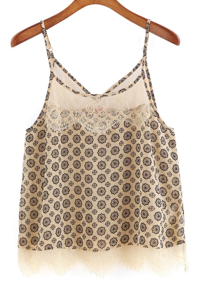 Romwe Spaghetti Strap Lace Insert Yellow Cami Top