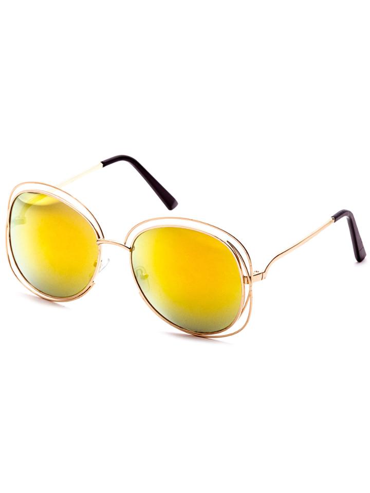 Romwe Gold Hollow Frame Yellow Mirrored Sunglasses