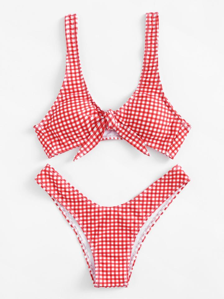 Romwe Knot Front Gingham Bikini Set