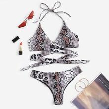 Romwe Snake Print Wrap Top With Low Rise Bikini
