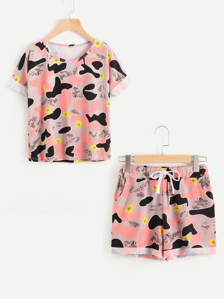 Romwe Camo Print Random Cuffed Tee And Shorts Set