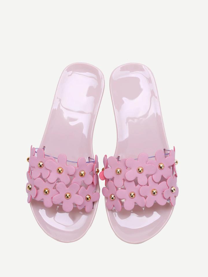Romwe Pink Flower Embellished Slide Flat Sandals