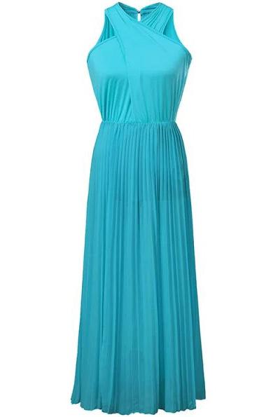 Romwe Sleeveless Pleated Maxi Green Dress
