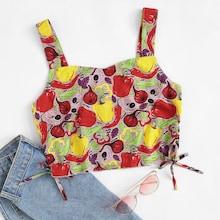 Romwe Fruit Print Knot Side Crop Top