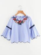 Romwe Embroidered Yoke Lace Applique Piping Scalloped Top