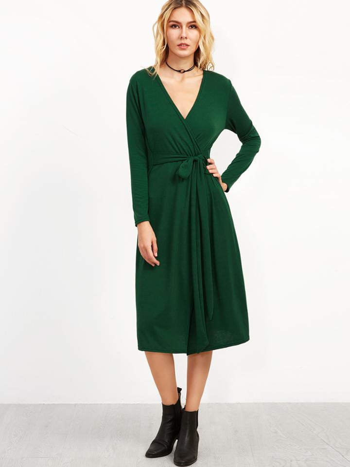 Romwe Dark Green Deep V Neck Wrap Dress