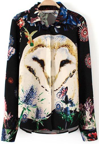 Romwe Black Long Sleeve Owl Print Blouse