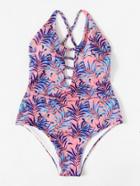 Romwe Jungle Print Braided Detail Swimsuit