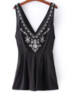 Romwe Black Deep V Neck Flower Embroidery Backless Romper