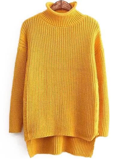 Romwe Turtleneck Dip Hem Yellow Sweater