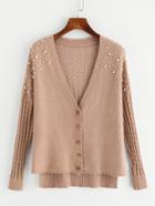 Romwe Faux Pearl Beading Slit Side High Low Cable Cardigan