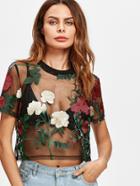 Romwe Flower Embroidered Mesh Top