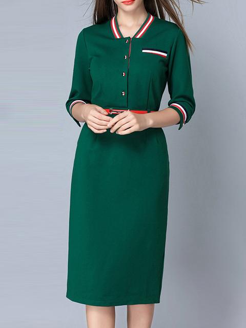 Romwe Green Striped Belted Pockets Sheath Dress