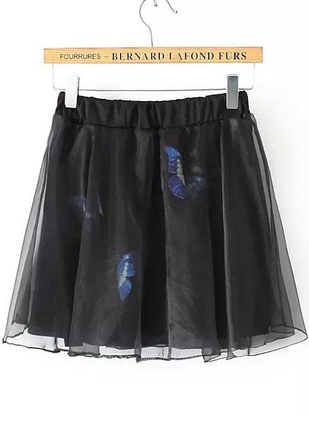 Romwe Elastic Waist Butterfly Print Pleated Black Skirt