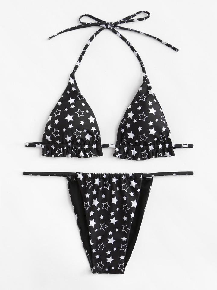 Romwe Star Print Halter Bikini Set