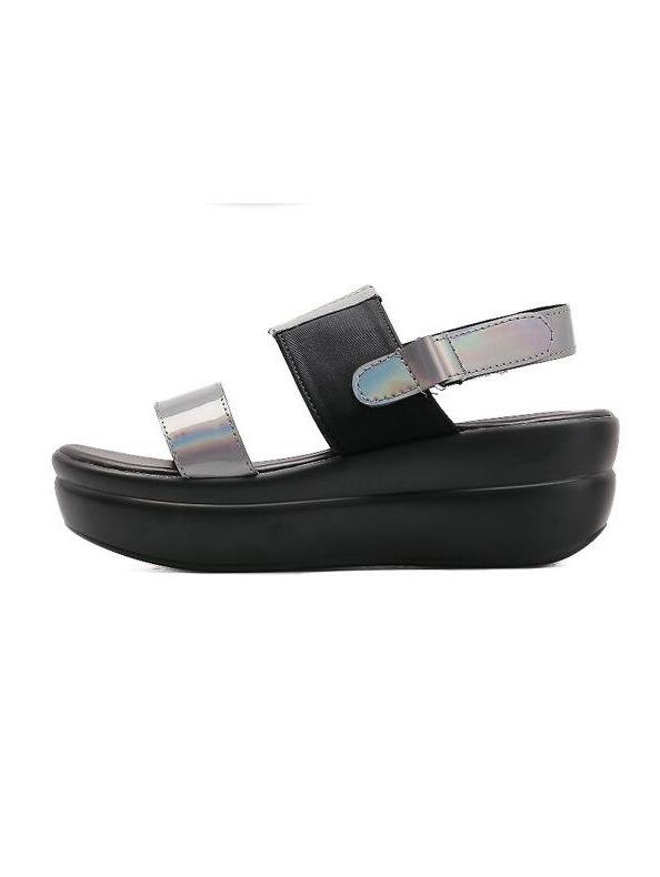 Romwe Grey Contrast Faux Patent Flatform Sandals